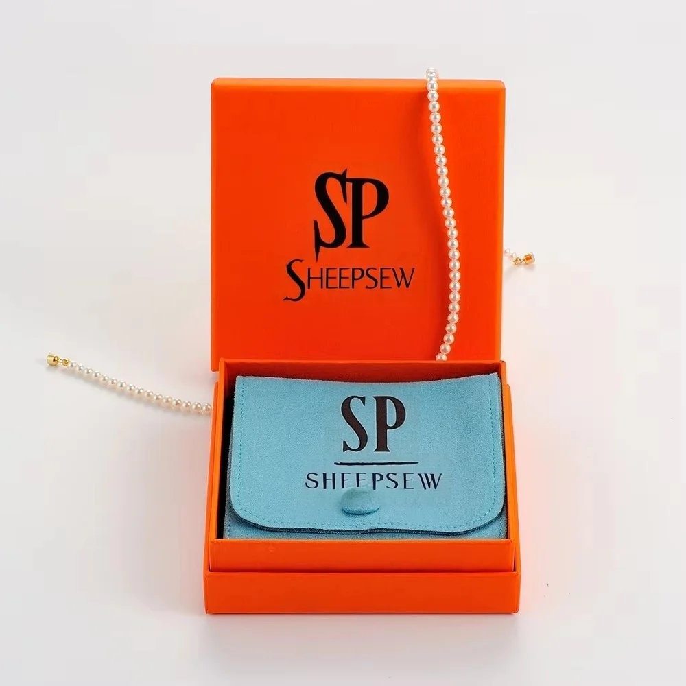 

SHEEPSE Custom Printed Logo Button Suede Jewelry Pouch Lid Paper Box Necklace Earring Bracelet Storage Bag Jewelry Packaging Set