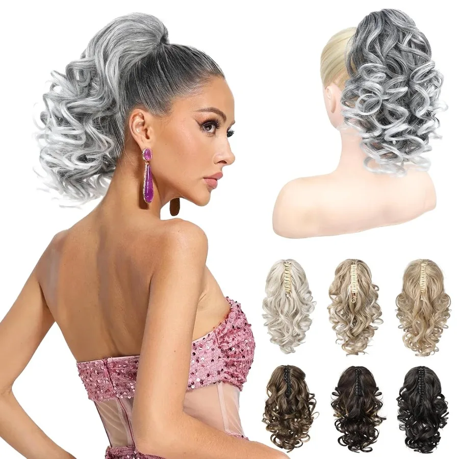 12-ポニーテール-エクステンション-クラシック-ルーズ-カーリー-ウェーブ-クロークリップ-ポニーテール-ヘアエクステンション-女性用-グレーがかった白い端が特徴