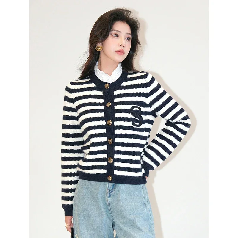 2024 Spring Classic S Letter Knit Cardigan Coat Women Stripe Sweater Ruffles Collar Tops Luxury Designer Brand Chic Y2K Clothing