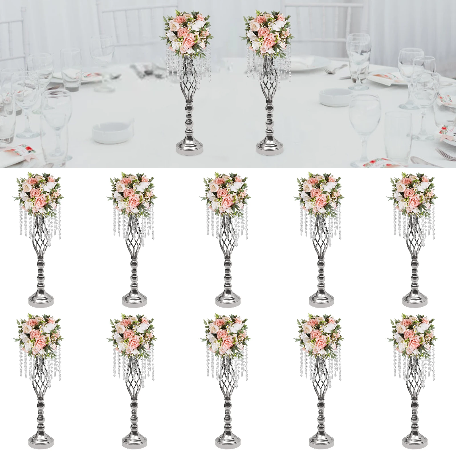 10 piezas de jarrón plateado de 55cm con borlas de cristal, mesa de banquete, Base de flores decorativa, soporte de exhibición de alta carga
