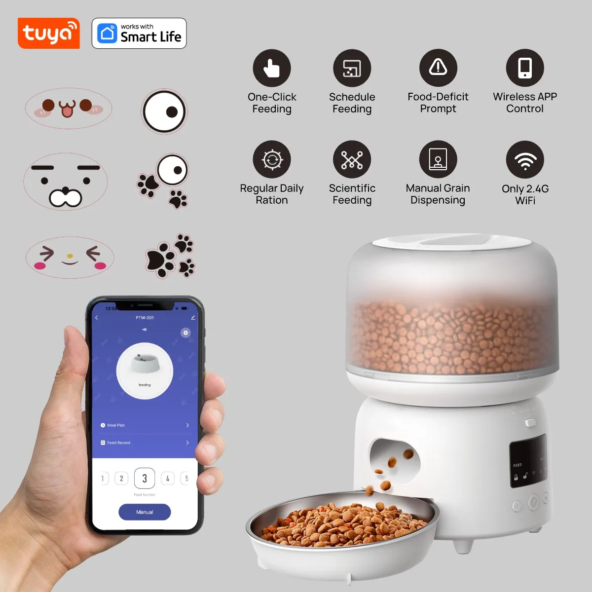 

Tuya Automatic Cat Feeders:3L,DlY Stickers,Timed and quantitative feeding,APPremote controPetl,Pet Feeder With SUS304 Bowl,White