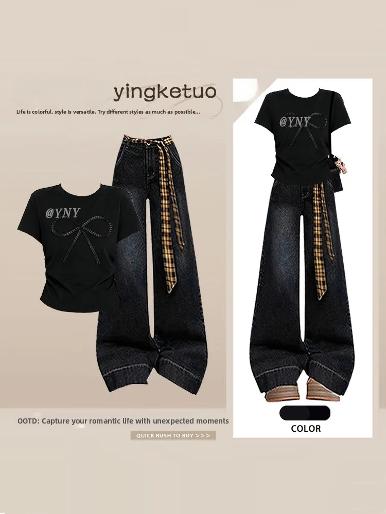 

Korean Style round Neck Short Sleeve T-Shirt Women's High Waist Wide Leg Jeans Summer Black Two-Piece Set Knot Design