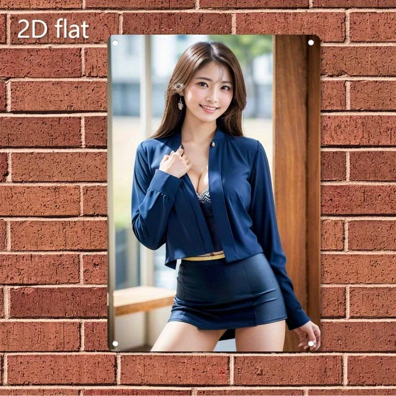 Arte Metálico de Pared HD: Hermosa Mujer Asiática con Blazer Azul Marino y Minifalda con Cinturón Dorado, Atuendo en Capas, Estilo Chic Profesional