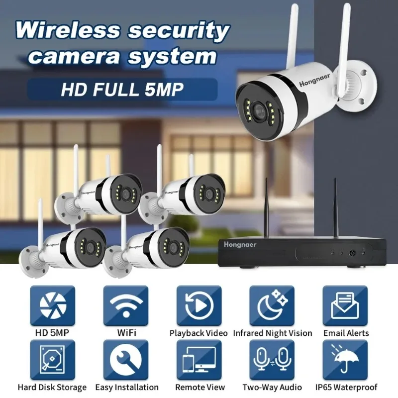 4CH 5MP กันน้ํากลางแจ้ง Home Security กล้องระบบ NVR ไร้สาย WIFI ชุดกล้องวงจรปิดระบบกล้อง ESeecloud APP