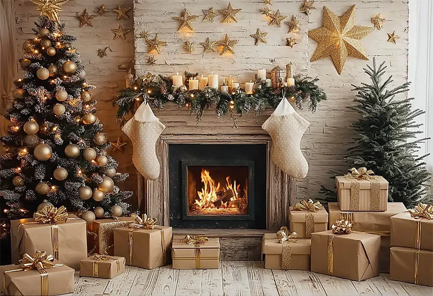 Mehofond Photography Backdrop Christmas Fireplace Family Holiday Portrait Tree Garland Wooden Twinkling Stars Background Photo