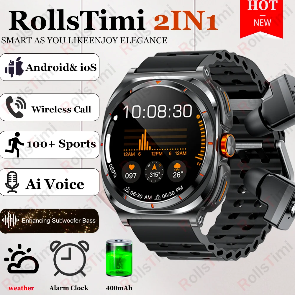 

2025 New Upgraded For RollsTimiTWS 2 in 1 Men SmartWatch with Headphones Bluetooth Call IP67 Waterproof Outdoor Sport Smartwatch