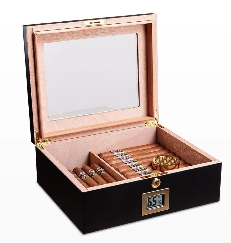 

Solid Wood Lacquered Cigar Box, Interior Made Of Cedar Wood For Moisture Retention.