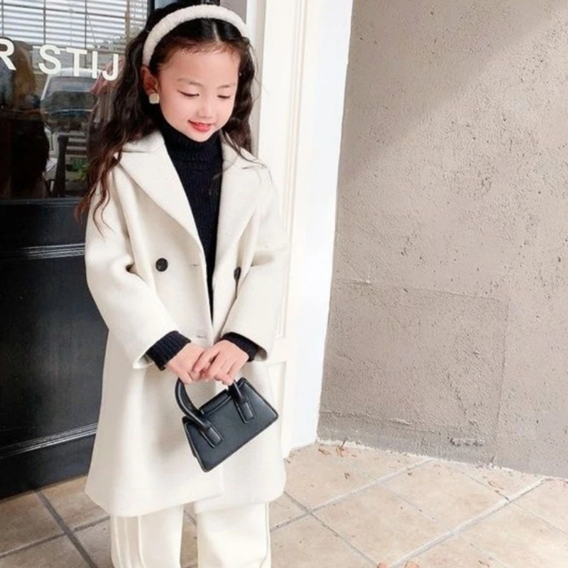 Girls Woolen Coat Overcoat Jacket Windbreak 2024 White Warm Plus Thicken Autumn Winter Cotton School Children\'s Clothing