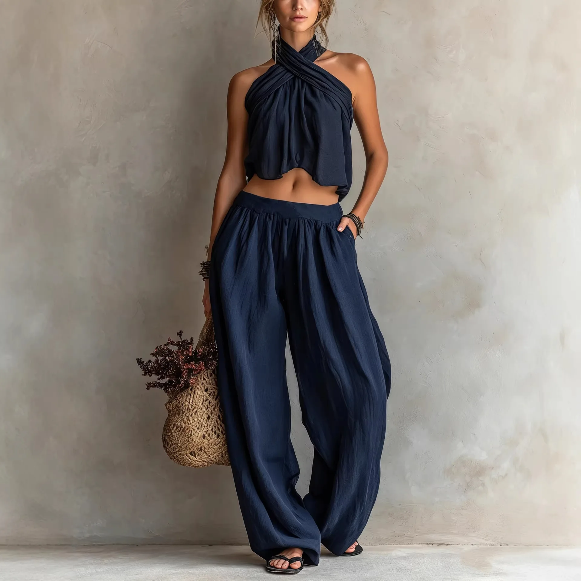 New 2026 Fashion Set: Blue Halter Sleeveless Chiffon Top & Gradient Leopard Print Wide-Leg Pants