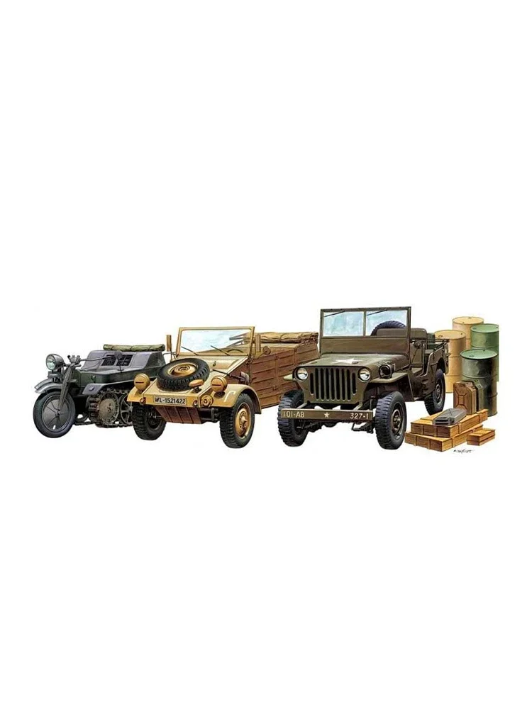 Academy Assembled Model Kit 13416 82 Jeep + Half Track Motorcycle + Willis Jeep 1/72