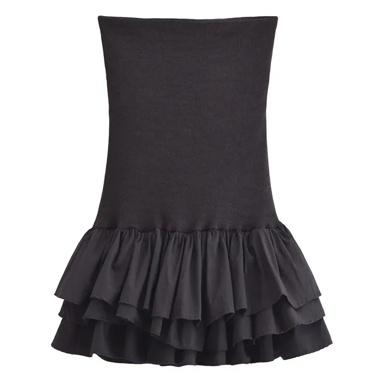 Mini abito senza spalline con spalle scoperte Abito bianco nero con volant lavorato a maglia Abiti corti sexy senza schienale estivi Abiti da festa audace