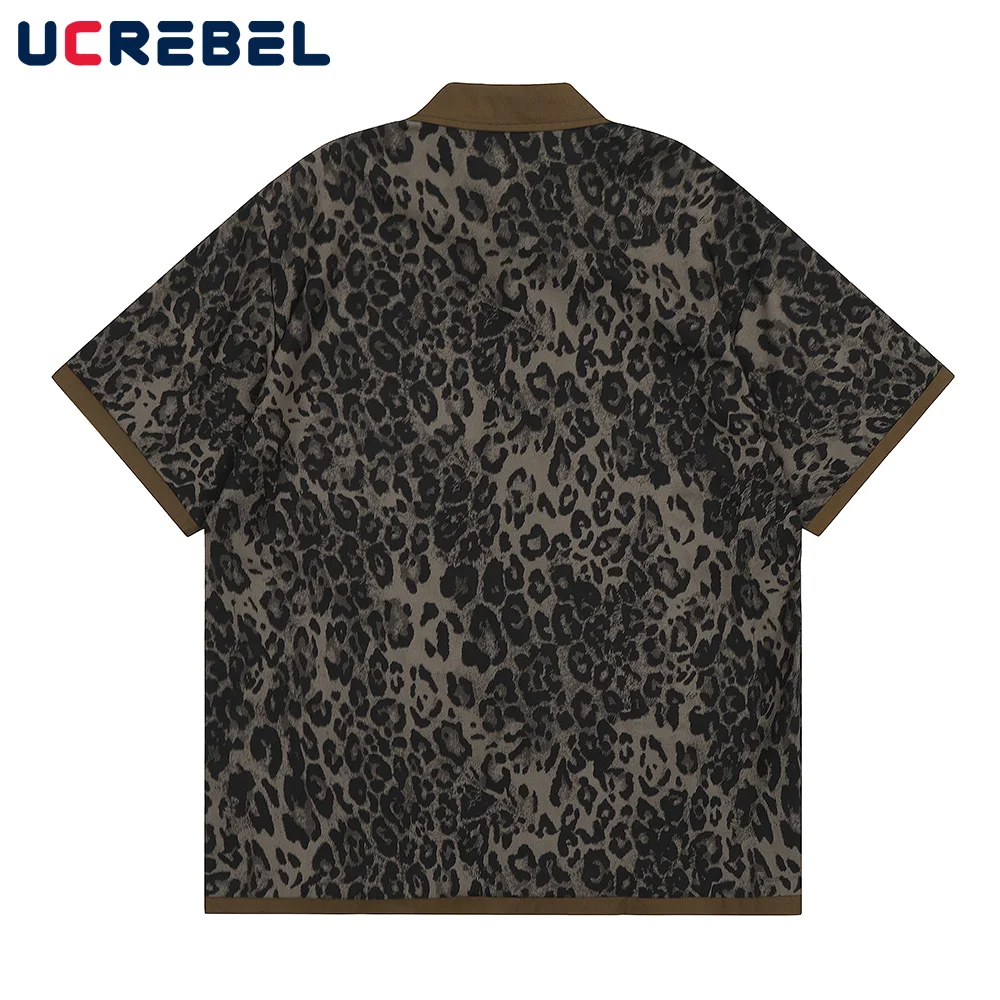 Leopard Print Short Sleeve Shirts Mens Letter Embroidery Summer Streetwear Lapel Single Breasted Half-Sleeve Shirts Men