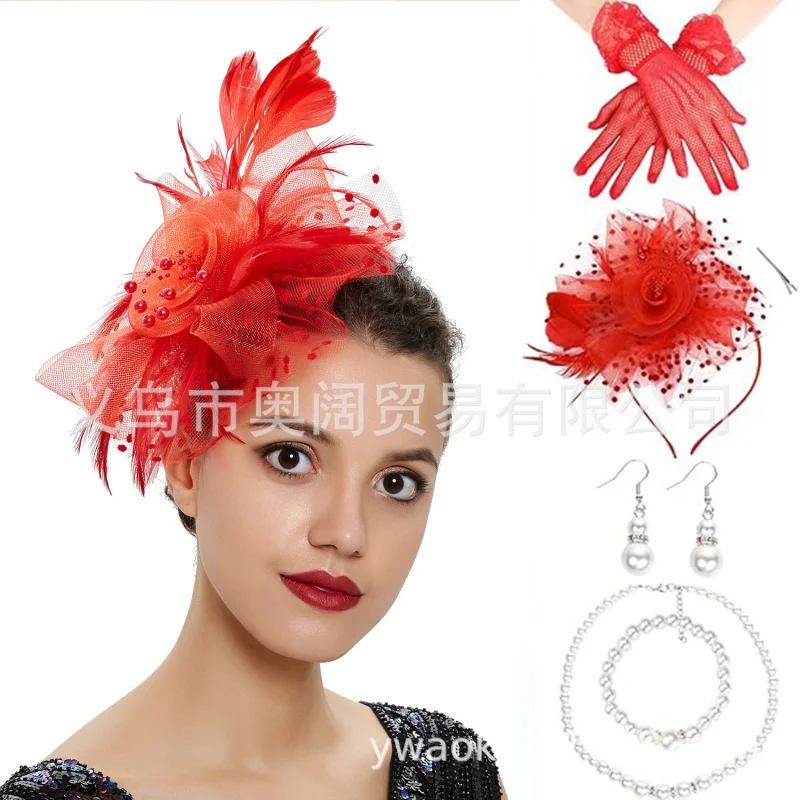 

Cross-Border Hot-Selling Bridal Hair Accessories Feather Headpiece Horse Racing Festival Mesh Headpiece Gloves Earrings Set