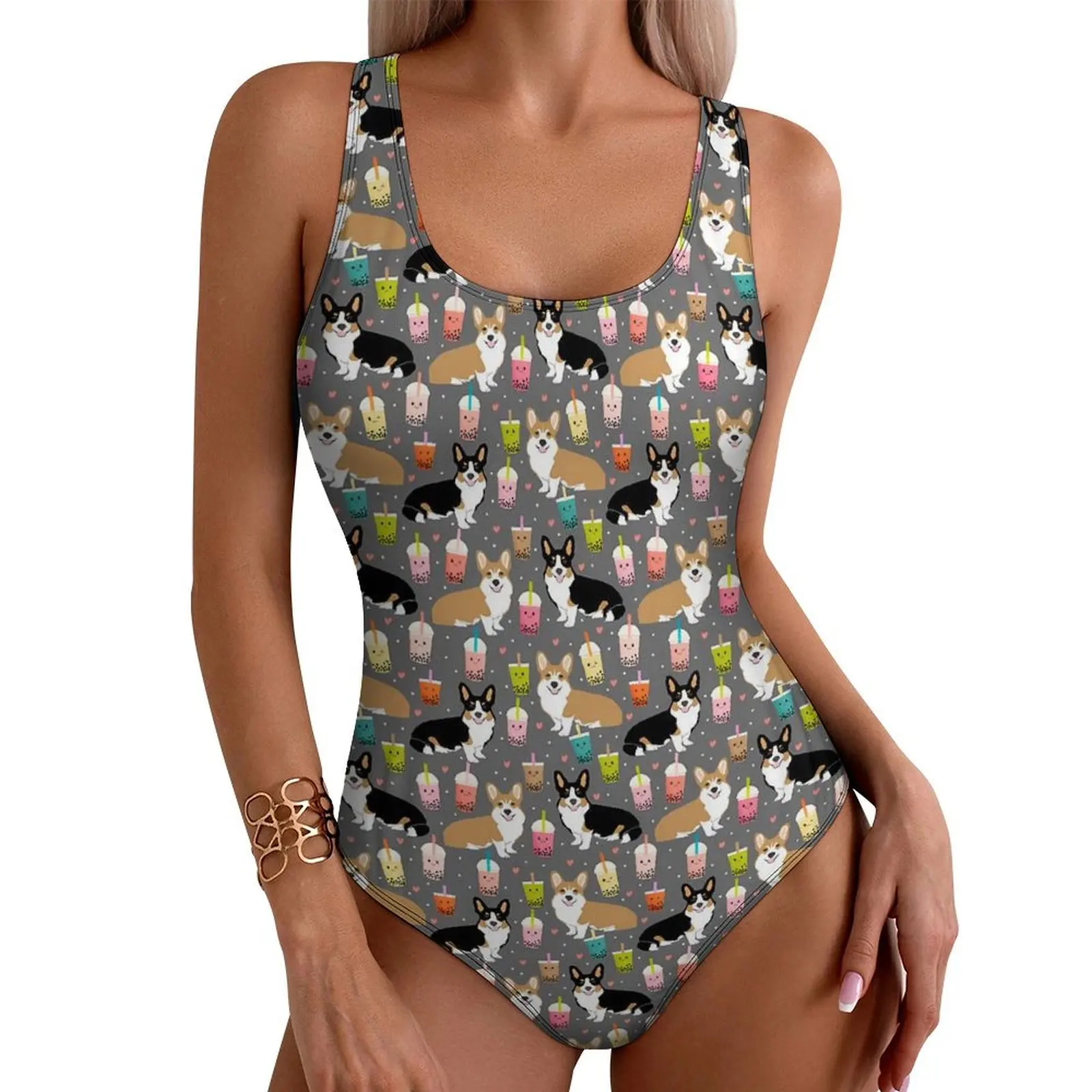 

Corgi Boba Swimsuit Cute Dogs Print Swimwear One-Piece Holiday Rave Graphic Bodysuit Monokini Female Push Up Sexy Beach Outfits