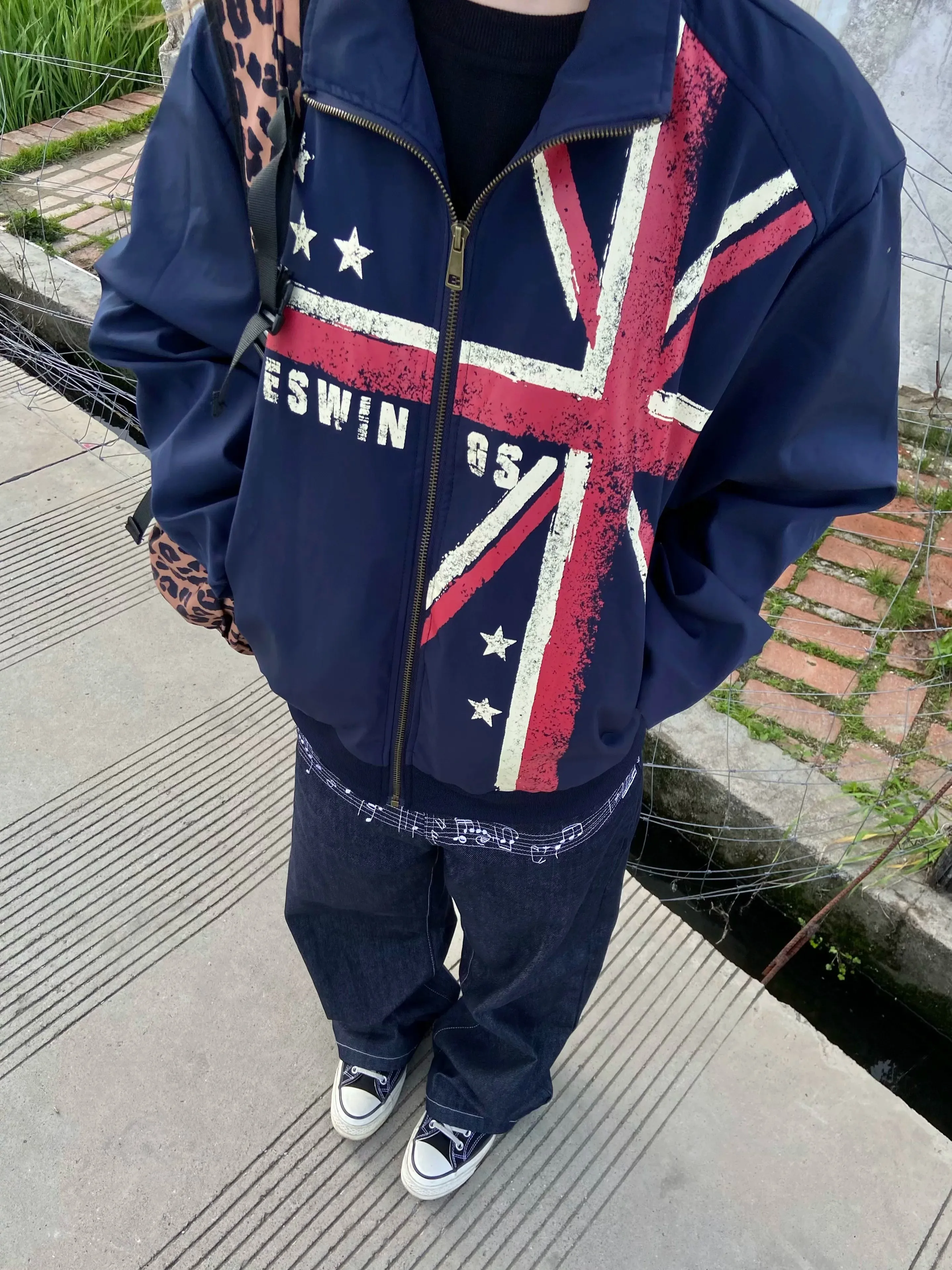 American Retro Flag Print Stand Collar Jacket Loose Casual Women's Design Sense Zipper Coat Polyester Nylon Composite Fiber