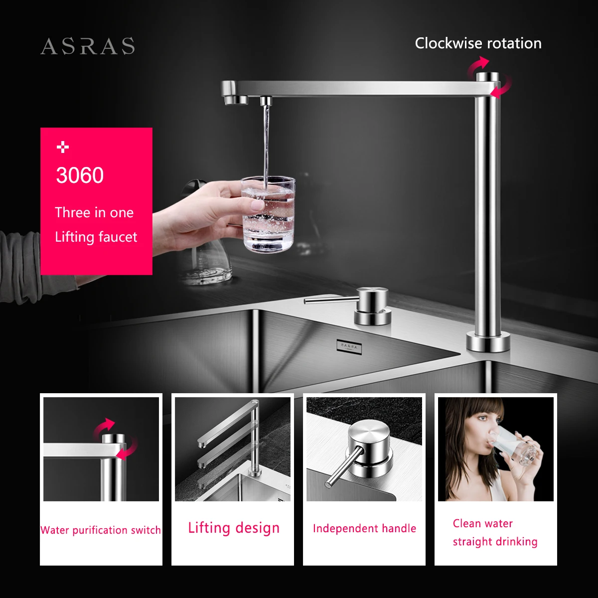 ASRAS 8250X Hidden 304 Stainless Steel Kitchen Sink, Multifunctional Lifting Faucet, Cup Cleaning Device, Independent Trash Can