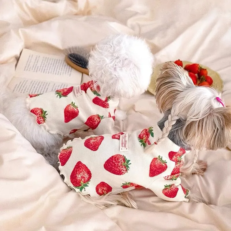 

Pet Dog Strawberry Bottom Shirt Spring Summer Puppy Homewear Teddy Cute Two Leg Vest Fruit Dog Clothes