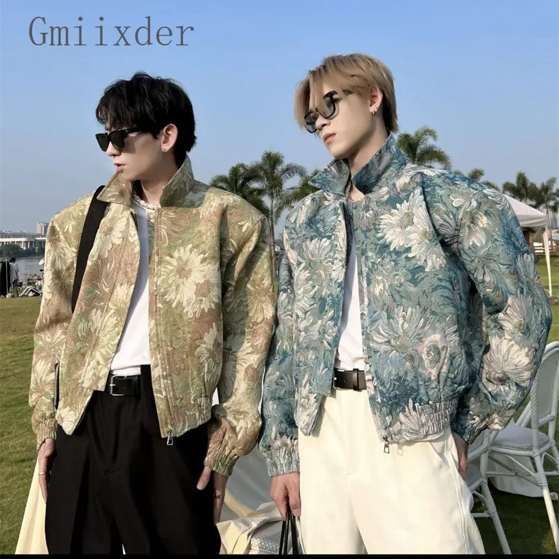 Gmiixder 2023 Autumn Zipper Jacket Unisex Romantic Vintage Jacquard Lapel Coat Men's Korean Loose Casual Short Flower Punk Coat