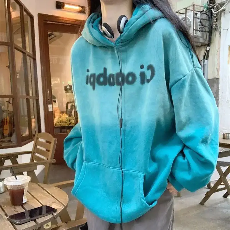 Hooded Sweatshirt With Gradient Green Tie-Dye Design Niche Trendy American Retro Women'S Autumn And Winter Hooded Sweatshirt