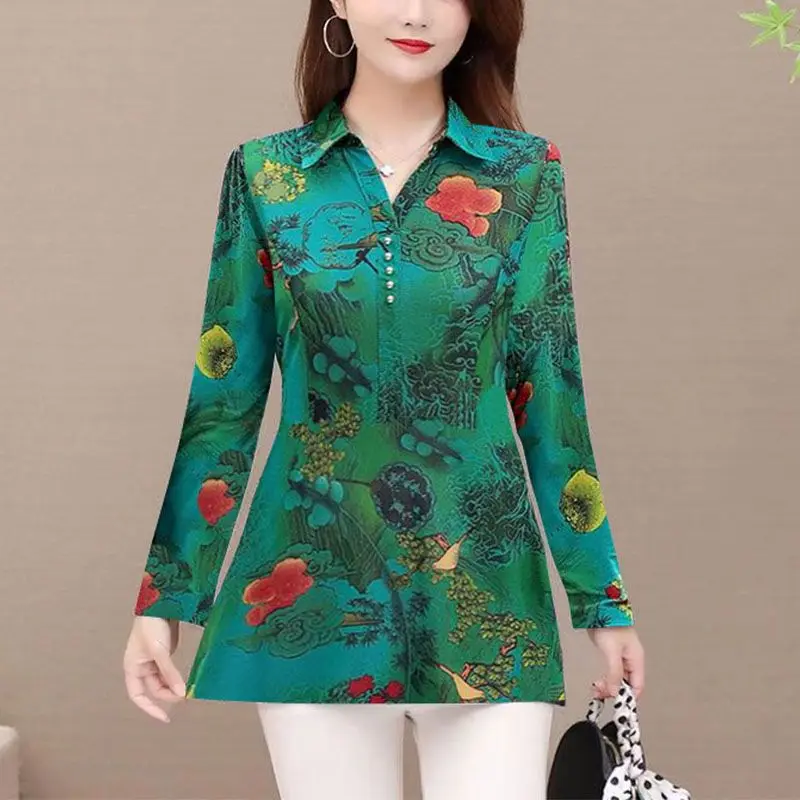 Fashion Turn-down Collar Button Shirt Female Clothing Folk Printed Vintage Floral Daily Casual Spring Autumn Long Sleeve Blouse