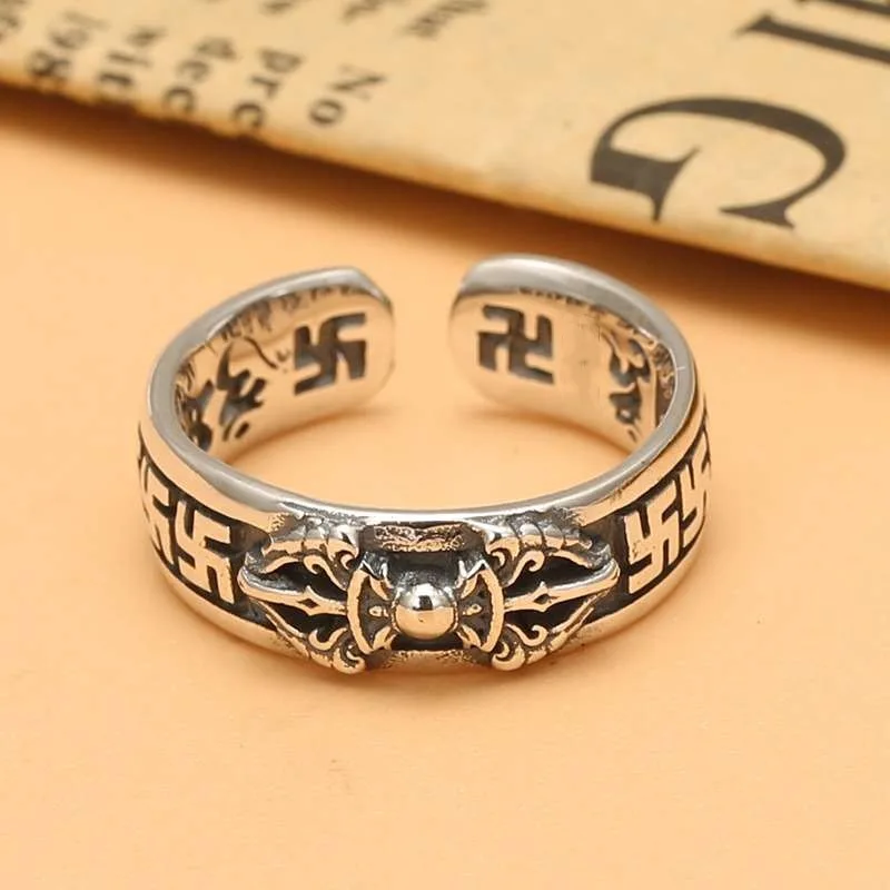 Retro Buddhist Six-Word Mantra Vajra Opening Adjustable Ring Men's Religious Lucky Trendy Jewelry