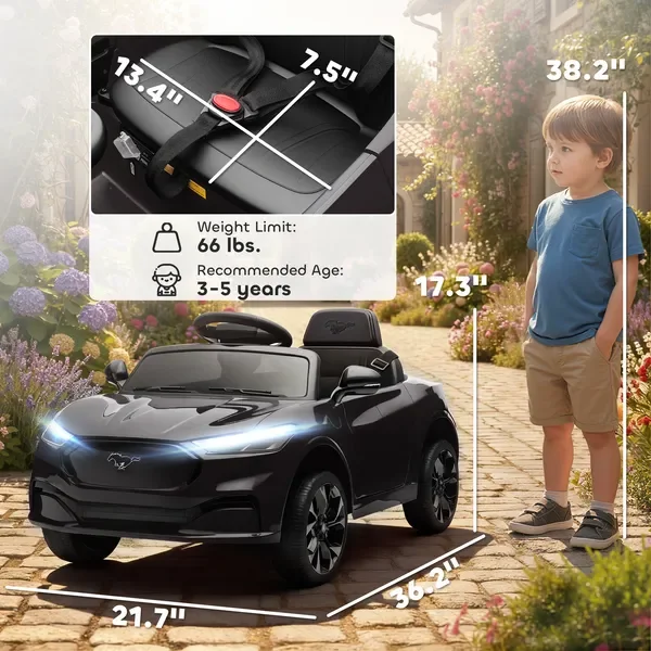 Coche para niños de 12 V, coche eléctrico Ford MusMach-E con licencia con control remoto, luz LED, música, negro
