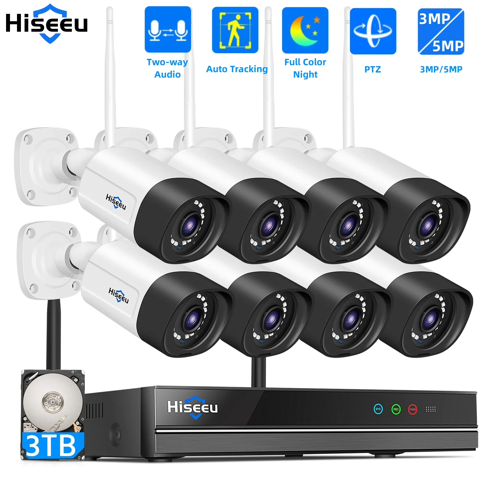 Hiseeu H.265 10CH NVR 5MP Wifi Surveillance Camera System Color Night Human Motion 2 Way Audio WiFi Outdoor Security Cameras Set