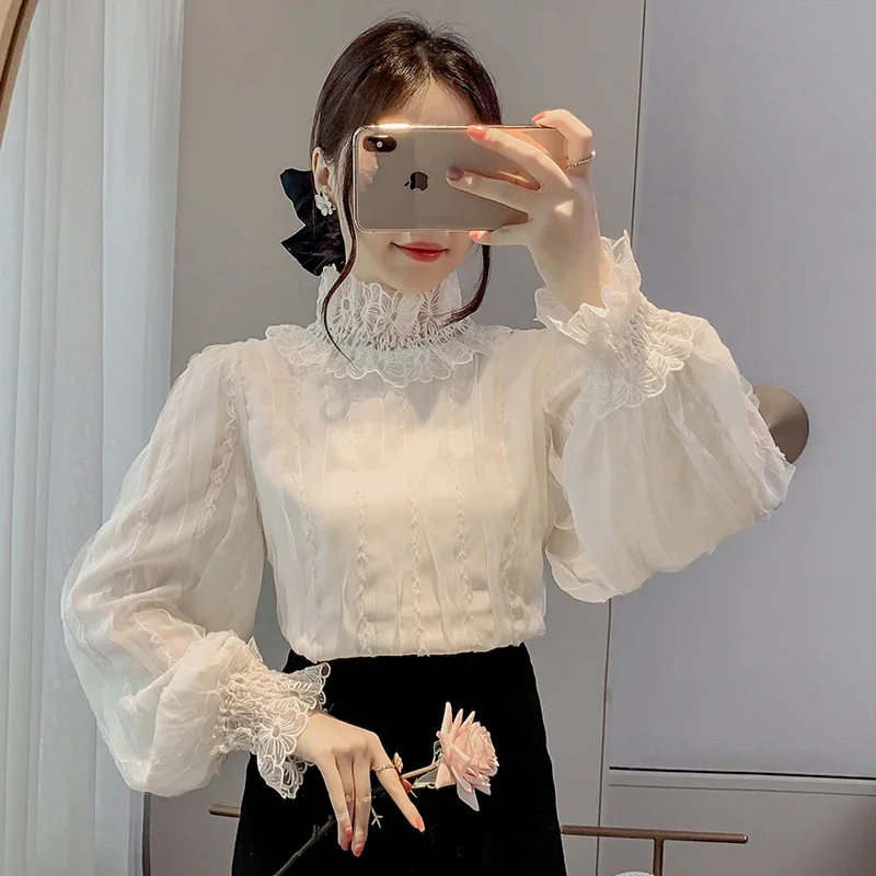 Women\'s Lace Shirts Blouses Y2k Vintage Aesthetic Harajuku 2000s Elegant Fashion Solid Color Long Sleeve Shirt Top Clothes 2024