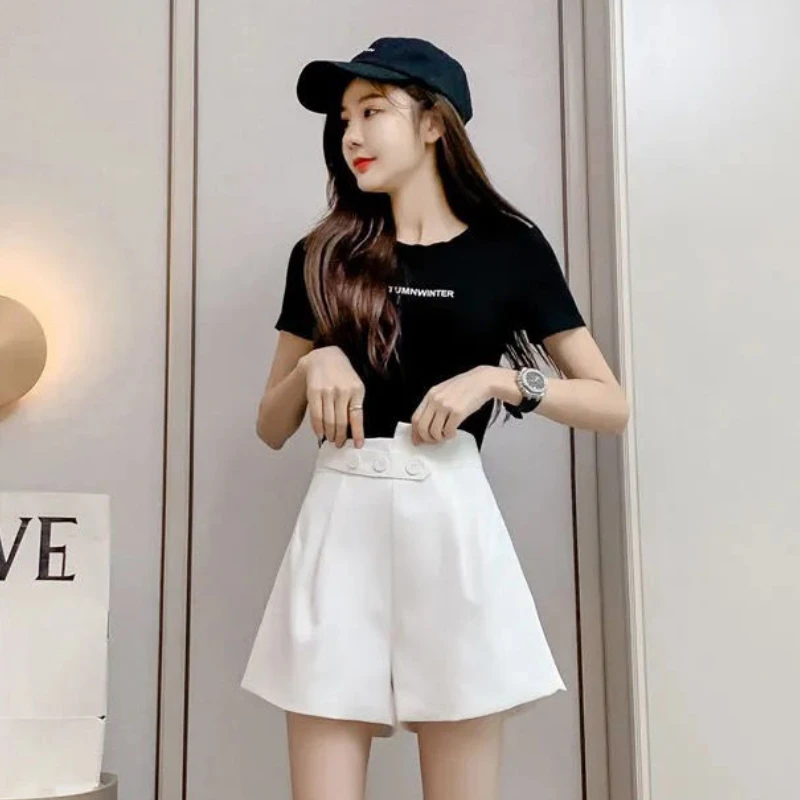 Shorts für Damen, Preppy-Look, gemütlich, unregelmäßiges Design, Knöpfe, Baggy, Teenager, Basic, BF-Stil, Freunde, lässig, modisch, Femme, Retro, Sommer