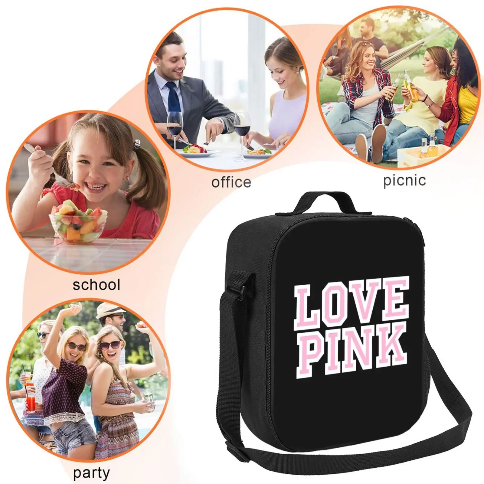 Black Pink Lunch Bags with Strap for Women Portable Thermal Insulated Lunch Box Container Cooler Bag Tote Bento Pouch for Work