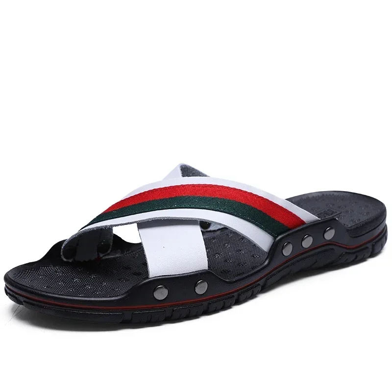 2024 Summer Men Slippers Fashion Leather Cross Strap Beach Water Shoes Man High Quality Slippers Big Size 48