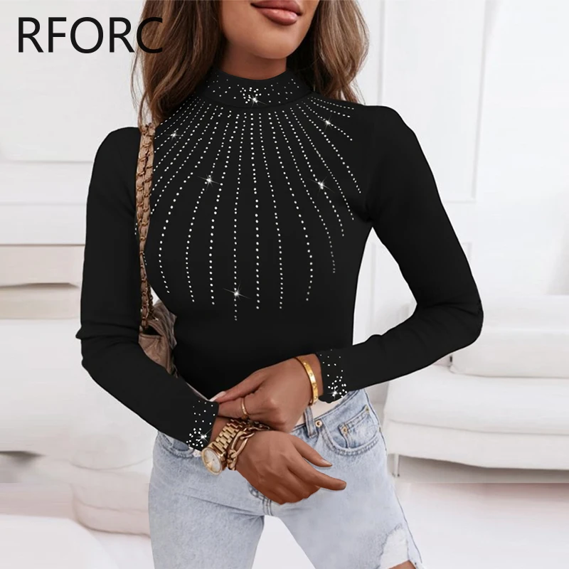 2023 Women Rhinestone Decoration Long Sleeves Turtleneck Casual Basic Black Blouse Top