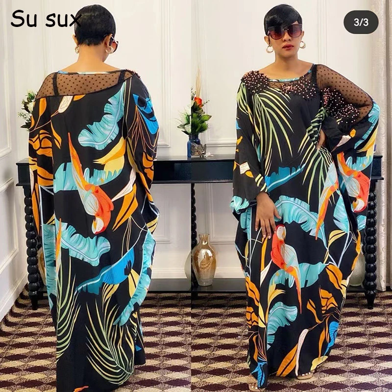 

Beading Maxi Dress African Clothes For Women Dashiki Abayas Plus Size Africa Clothing O Neck Bat Sleeve Mesh Patchwork Robe Femm