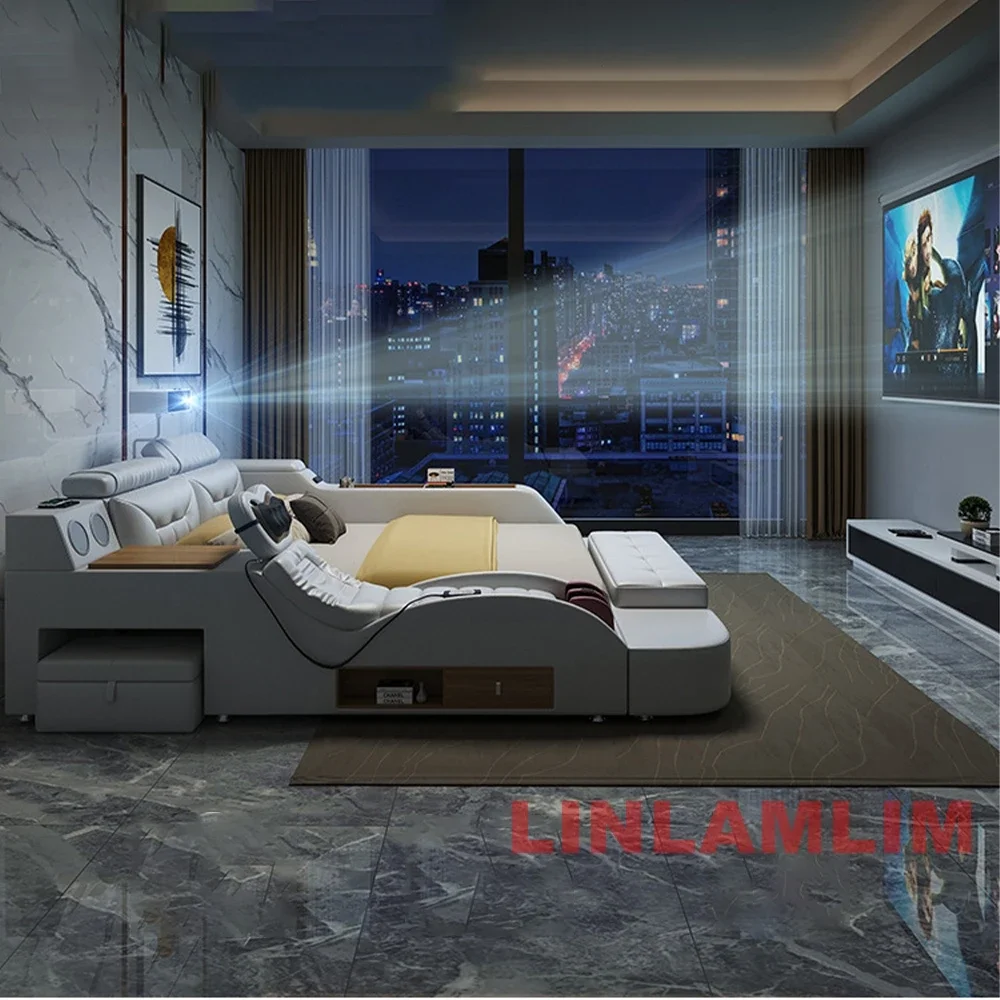 Linlamlim Nowoczesny WIELOFUNKCYJALNY ŁÓŻKA Tech SMART 2-osobowy | FURURYCZNA FURNITURE | Łóżka z prawdziwej skóry Ultimate Massage Tatami