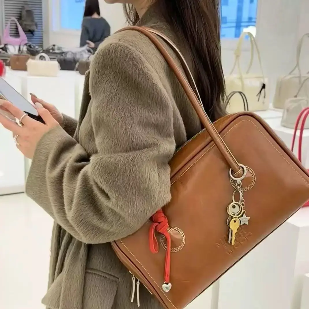 Margesherwood new Korean fashion casual leather Boston handbag, underarm single-shoulder bag