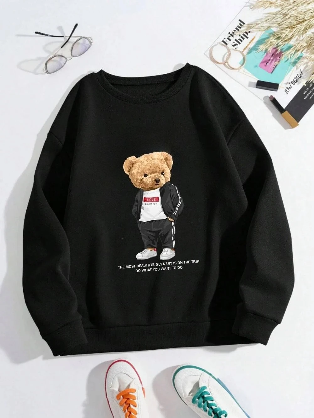 Moda feminina moletom califórnia los angeles carta urso impresso pulôver macio respirável solto hoodie outono streetwear