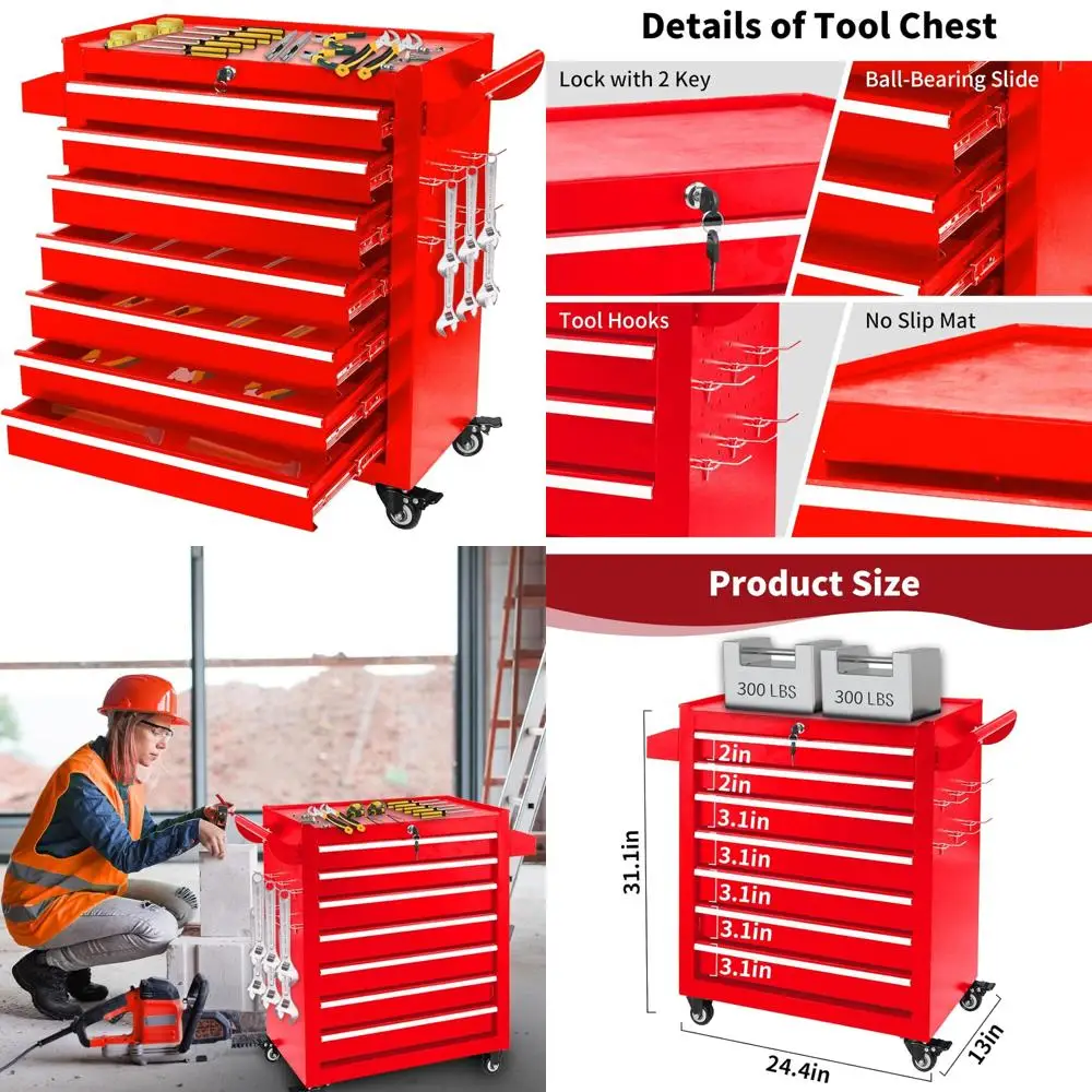 

Metal Rolling Tool Chest with 7 Drawers - Garage Storage Cabinet on Wheels, Lockable, Tool Organizer Workbench for Tools
