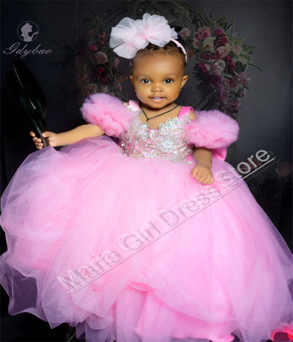 

Pink Cute Flower Girl Dress Fluffy Wedding White Lace Appliqué Suitable For Children’s Formal Events Customizable