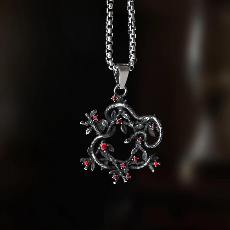 3D Snake Pendant Long Necklace With The Tree Biker 316L Stainless Steel Cccessories Animel Red Stone Jewelry For Men Collane