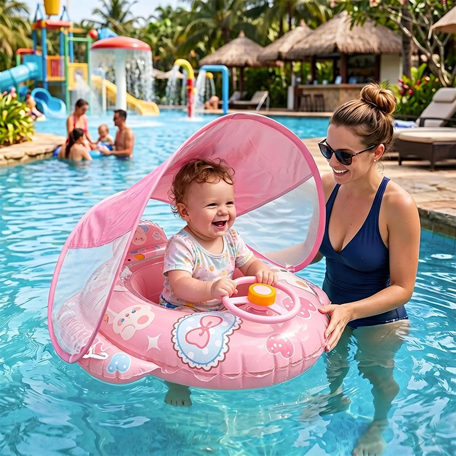 Kids Float Safe Solid Core Comfort Skin-friendly Design with Canopy Baby Swimming Ring Toddler Pool Float Infant Water Ring