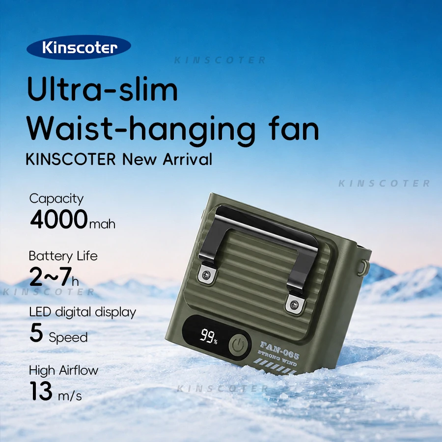 Ventilador Ultra-fino Kinscoter para Pendurar na Cintura, Mini Ventilador de Resfriamento de 4000mAh, 5 Velocidades, Portátil e Recarregável com Display Digital