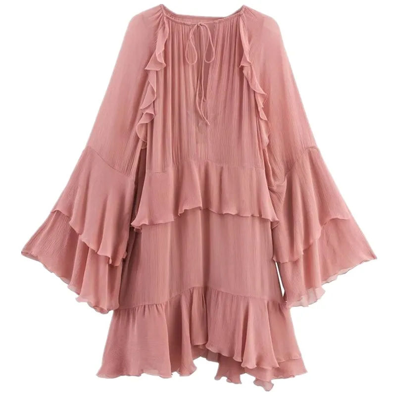 فستان نسائي بتصميم أنيق من ديزاين سينسيشن، موضة خريف 2025، بأكمام جرسية وتصميم هيم مطوي، مع ربطة عنق، فستان طويل الأكمام للاس...