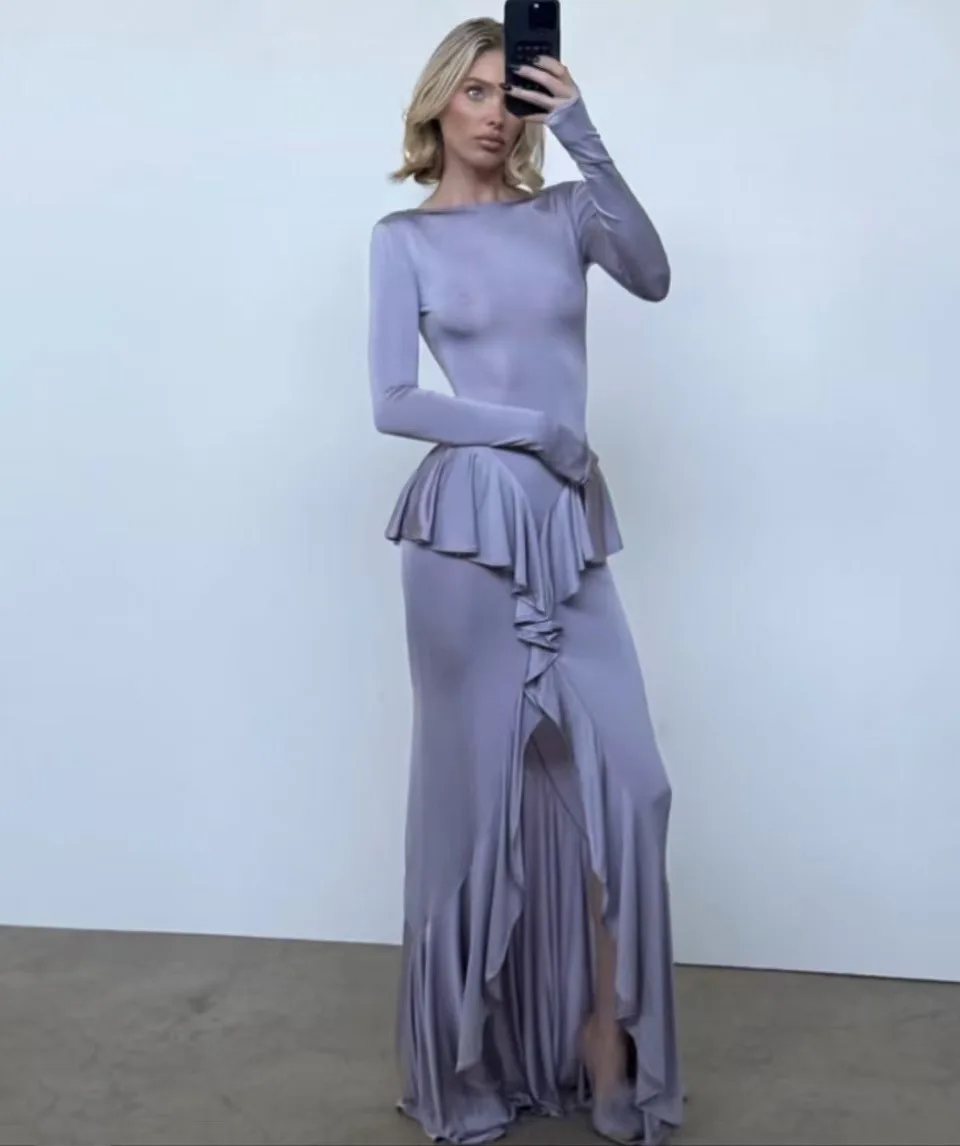 جديد 2025 أزياء أنيقة للنساء حافة أوراق اللوتس غير النظامية عارية الذراعين تكدرت مرونة عالية ضيق كم طويل مساء فستان طويل #5