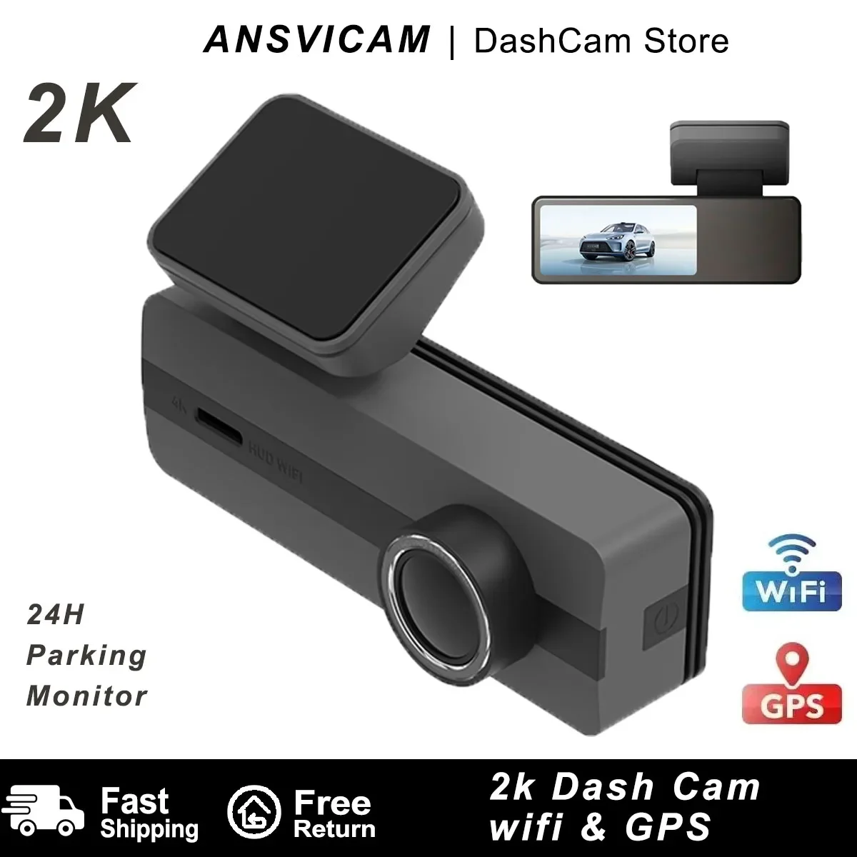 ANSVICAM F23 Pro 2K Dash Cam 1.97'' Screen Built-in GPS Wifi App Control Car DVR 24H Parking Monitor Night Vision Black Box