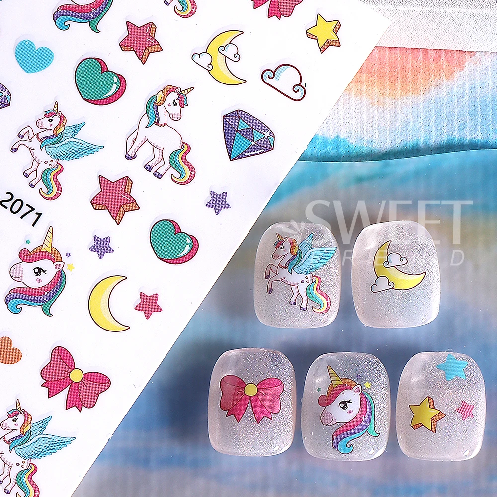6 pçs bonito unicórnio adesivos de unhas 3d kawaii estrela amor coração arco-íris arco nuvens auto-adesivo decalques da arte do prego manicure decoração