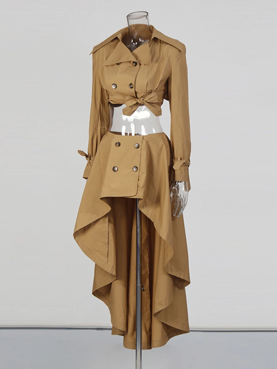 CHICEVER kaki épissé à lacets deux pièces ensemble femme revers à manches longues chemise Vintage littéraire femmes jupe ensembles automne mode