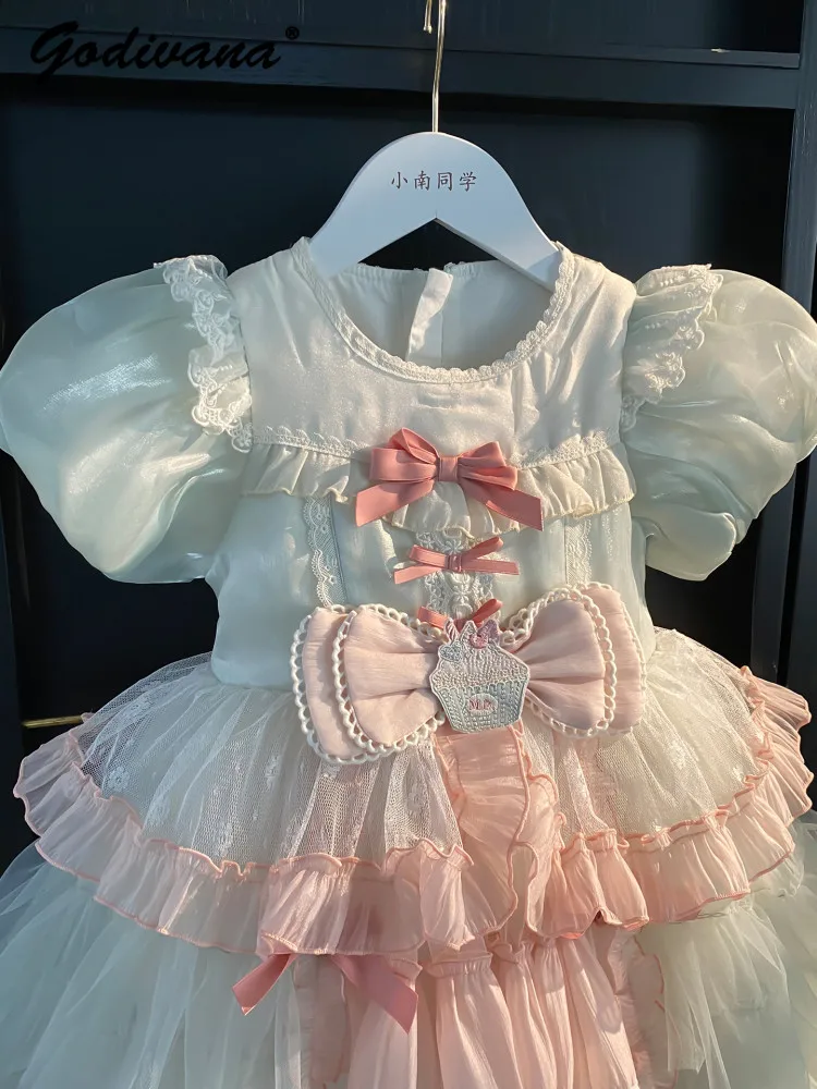 

Sweet Baby Girls Lolita Dress 2026 Summer New Childrens Cute Bow Color Block Lace O-neck Puff Sleeve Tulle Princess Party Dress