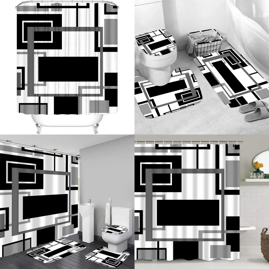 

4 шт. Черные геометрические занавески для душа с нескользящими ковриками для ванной, коврик в форме США, абстрактная геометрическая современная занавеска для душа с 12 часами