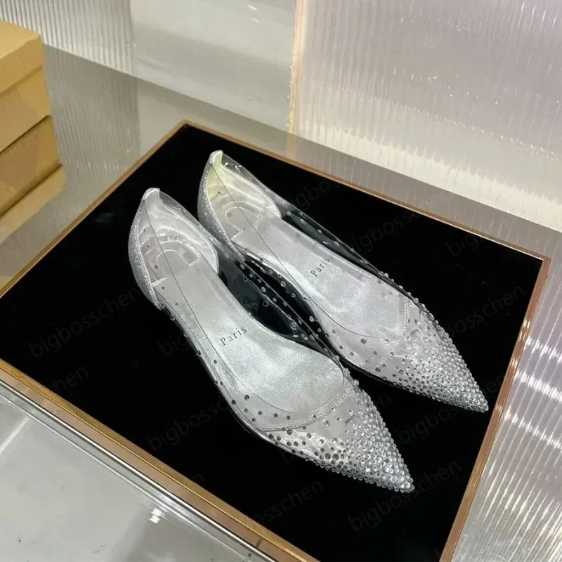 Designer Red Bottom Dress Shoes Ladies Ballet Shoes Luxury Fashion Rhinestone Clear PVC Pointy Toe Flat Shoes Brand Party