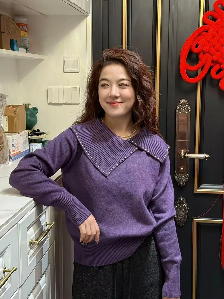 plus Size Asymmetric Beaded Doll Collar Long Sleeve Knitted Sweater Women's Base Layer Slimming Spring New Style Korean Style